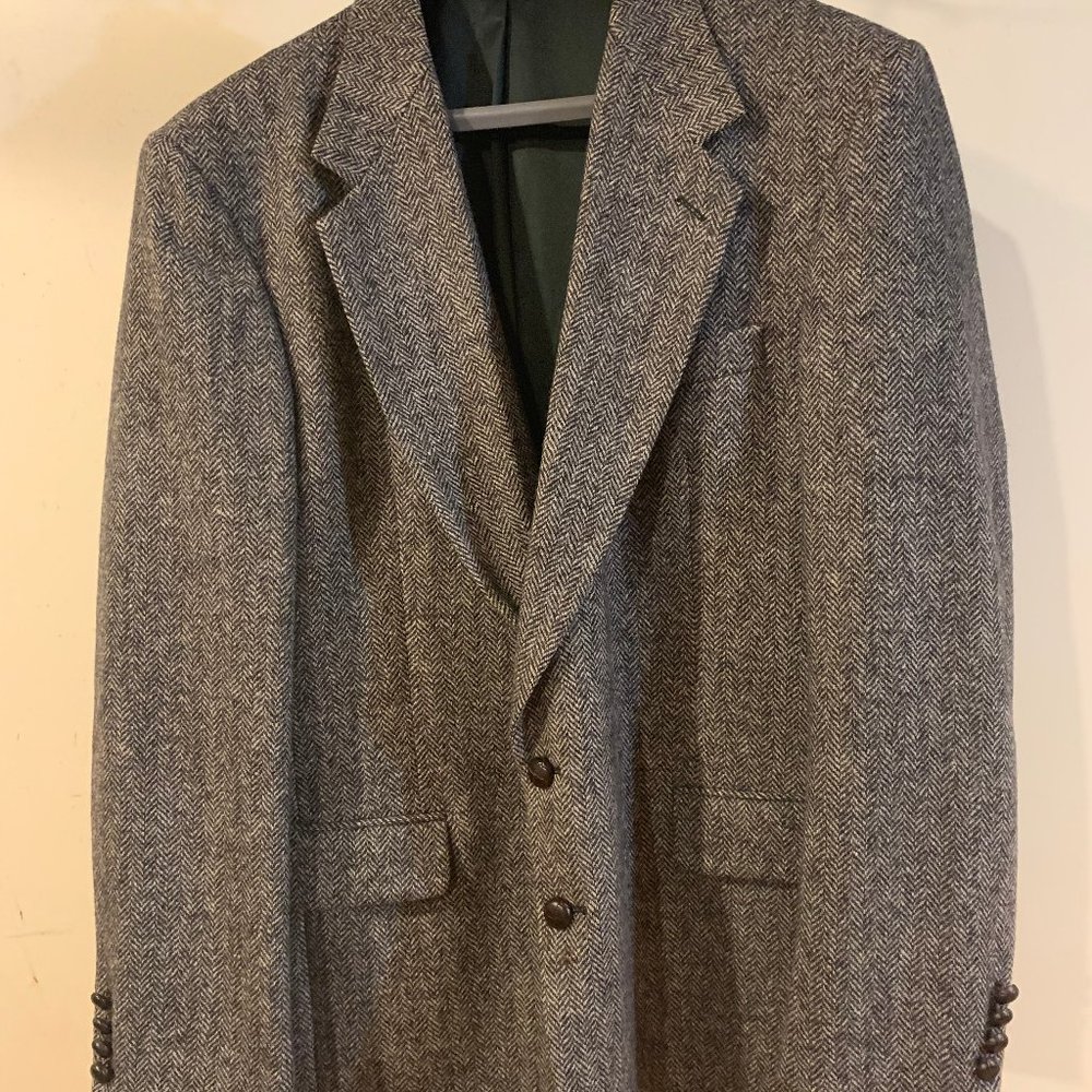 Sport Coat Blazer Jacket Herringbone Black Gray Tweed Men's Size 46L 100% Wool